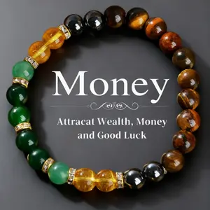 1pc Tiger Eye Beaded Money Attracting Bracelet, Natural Black Yellow Tourmaline Onyx Wealth Attraction Bracelet Fashionable Accessory for Daily Wear, Christmas Jewelry Gift Money Bracelet summerwins
