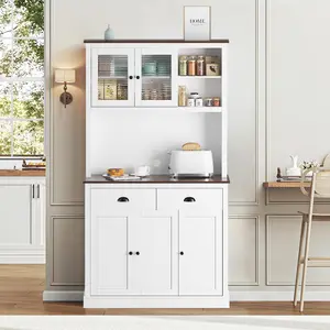 Practical storage cabinet for the kitchen – Tall kitchen cabinet with doors, drawer and adjustable shelves – Integrated microwave shelf – Freestanding, anti-tip, ideal for storing food and kitchen utensils