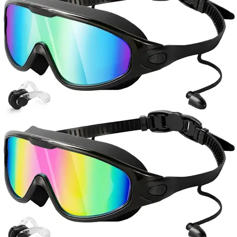 Rantizon 2-Pack Women's Aquatic Swimming Goggles Set, Fogless Silicone Waterproof Leakproof Wide View UV-Protective Eye-Friendly Portable Glasses with Nose Cover for Outdoor Water Sports