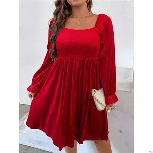Velvet Shirred Sleeve Plus Clasi tiktok Square Neck Long Bodice Dress For New Year