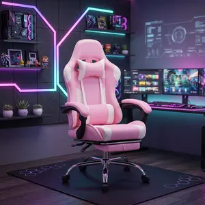 Ergonomic Video Game Desk Chair with Footrest, Comfy Lumbar Support & Headrest, PU Leather Recliner, Fixed Armrest, Height Adjustable & 360° Swivel, for Gaming, Office, Home