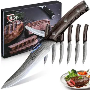 【TikTokShopSpringGlowUp】 SYOKAMI 4.8 Inch Steak Knives Set of 6, High-Carbon Japanese Style Non-serrated Steak Knife with Wood Handle, Damascus Pattern Full Tang Design, Razor-Sharp Dinner Knives with Gift Box, Gift for Mother's Day
