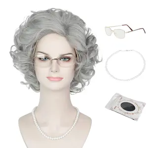 ISS   Old Lady Wig and Accessories Granda Granny Coste Wig Short Crly Grey  Wigs Halloween Party