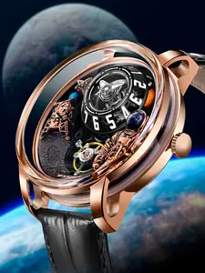 PINDU Men's New Astronaut Series Unique Design 3D Dial Watch with Arabic Numerals Luminous Markers, Sapphire Crystal, Mechanical Unisex Watch for Men