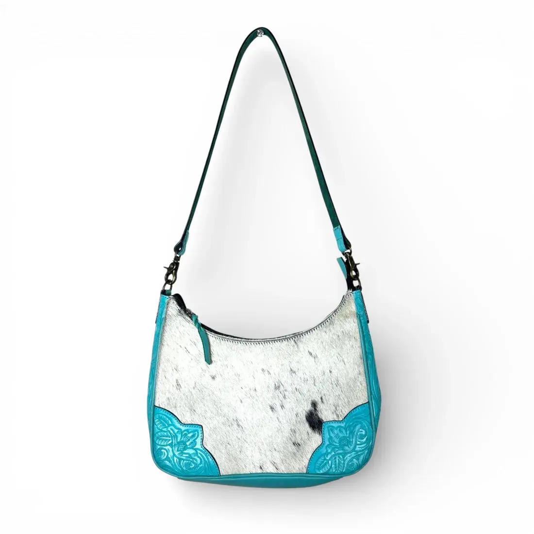 TURQUOISE TOOLED LEATHER & COWHIDE SHOULDER BAG