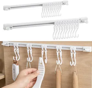 Utility Slide Rail Hook,Under Cabinet Kitchen No Punching Hooks for Hanging Utensil,Bathroom Bedroom Office Wall Door Rack with 10 Hooks,