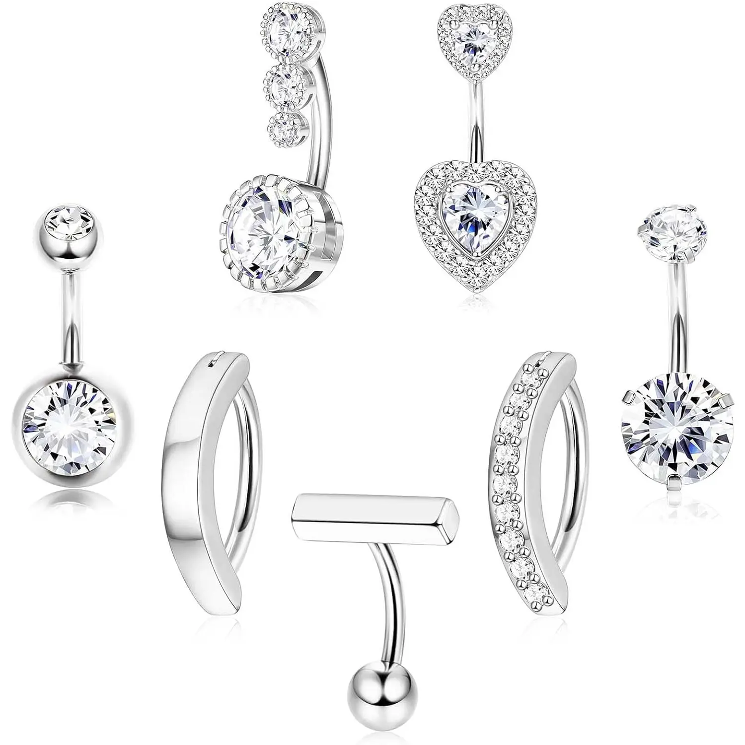 Sanfenly Women's Belly Button Rings Set - 7Pcs 14G Surgical Steel Female Body Jewelry, Casual Bling Dangling Navel Rings with CZ Flowers, Hearts, Bows, Glamorous, Bling Effect, Body Jewelry Set