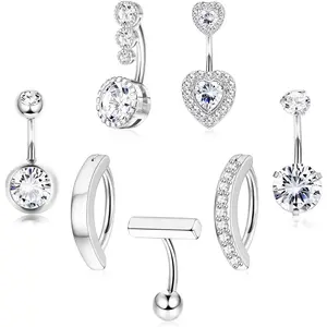 Sanfenly 7Pcs 14G Surgical Steel Dangle Belly Button Rings for Women - 14G Surgical Steel Gold Barbells with Cute CZ Hearts, Bows Accent, Reverse Navel Piercing Jewelry for Casual Wear