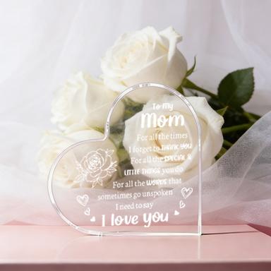 Heart Shaped Acrylic Decoration Block, Rose & Letter Pattern Decorative Ornament, Inspirational Creative Gift for Mom, Delicate Mom Birthday Gift, Gift Idea, Mother's Day Home Decor