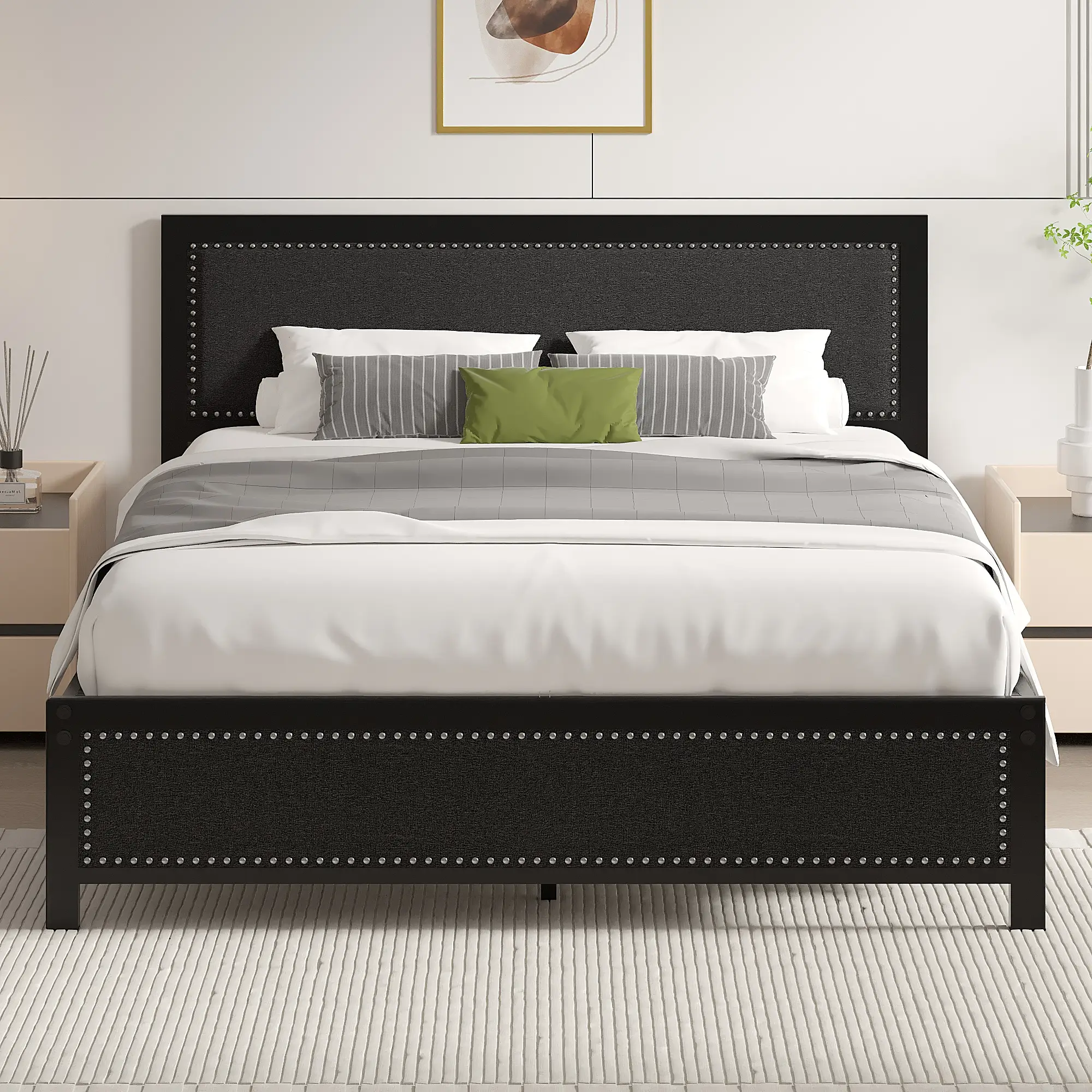 VECELO Bed Frame with Upholstered Linen Nailhead Trim Headboard Footboard Twin Full Queen Size Platform Metal Slat Support No Box Spring Needed Easy A