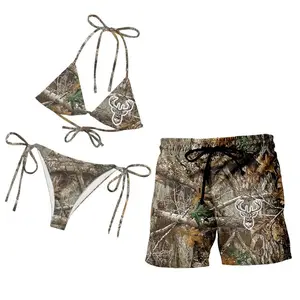 Camo Couple Matching Swimwear - Women's Tie-Side Bikini & Men's Hawaii Beach Shorts Set RealTree Hunting Camouflage Design, Rustic Country Style Outdoor Apparel, Quick-Dry Breathable Fabric for Vacation, River & B