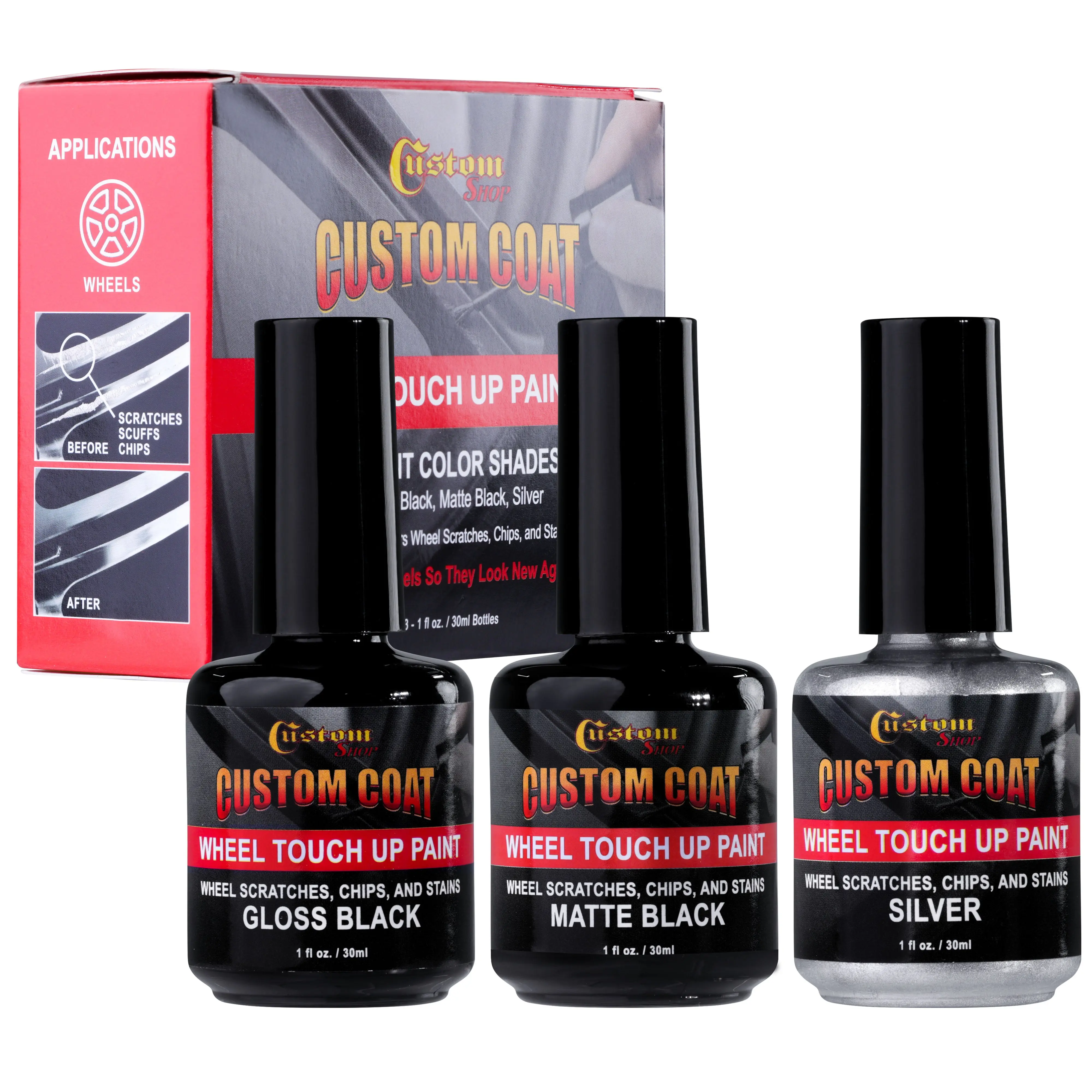 Rim Touch Up Paint Kit, Repair Scratches, Chips - 3 Colors Gloss Black, Matte Black, Silver
