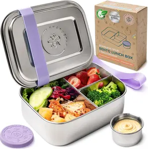 EVERUSELY 3-Compartment Stainless Steel Lunch Box, 27oz/0.8L Lavender Portable Reusable Meal Prep Container with Leakproof Condiment Holder, Freezer & Dishwasher Safe for On-the-Go Meals, Reusable Snack Box
