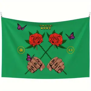 Eladio Rapper Carrion Hip-Hop Tapestry- Bold Pattern Poster, Red Roses and Butterflies- Green and Red Color Scheme- Peach Velvet Wall Decoration, Suitable for Living Room, Bedroom, Studio- Urban Style Music Theme Gift, No Electricity Requ