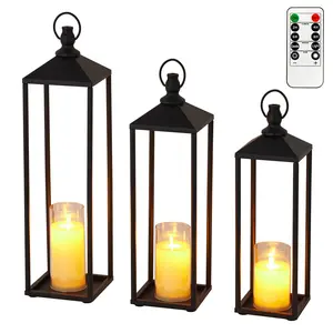22" 19" 17"  Lanterns Decorative,Large 2 Pack Lanterns Decorative for Outdoor Indoor, Black Metal Candle Lanterns Floor Lanterns Decorative for Home Decor