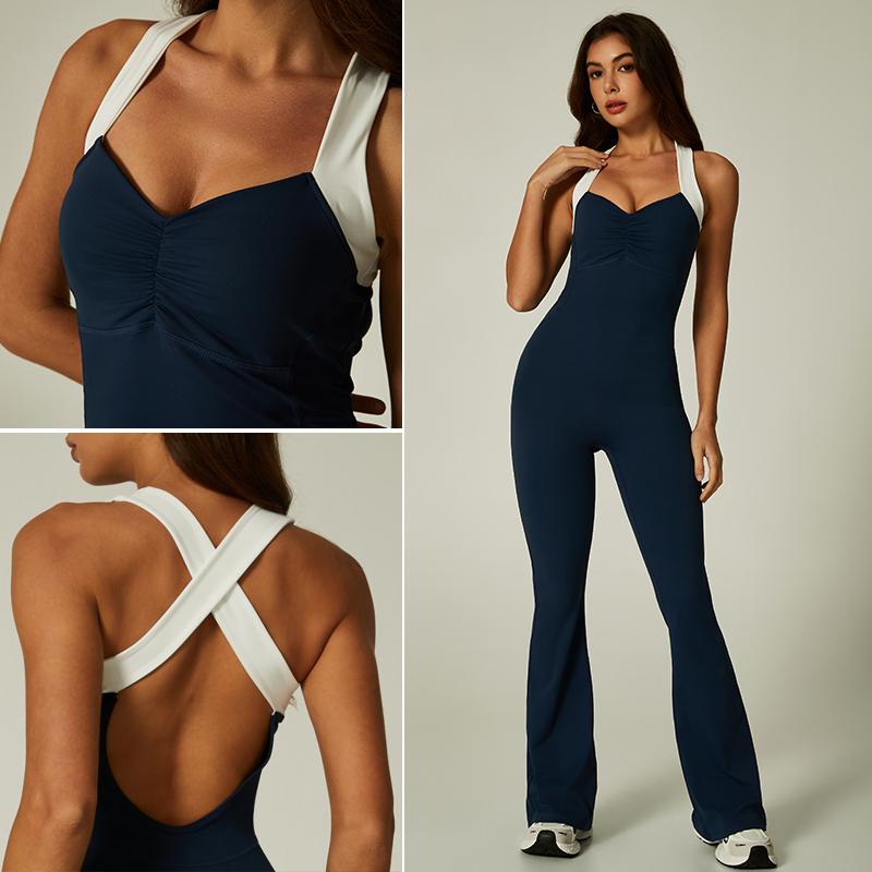 Women's color-blocked wide-leg crossover back jumpsuit,form-fitting flared-leg fitness jumpsuit, and tight-fittingathletic jumpsuit-the ultimate choice for stretchyworkouts and everyday casual wear.