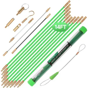 14FT Fiberglass Running Electrical Wire  Glow Rods Wire Pulling, Fish Rods Electrical Kit with 8 Different Attachments and Fish Tape Wire Puller Kit1