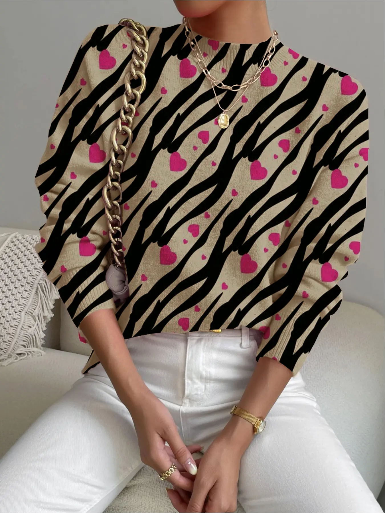Women's Valentine's Day Heart Print Stand Collar Sweater, Casual Long Sleeve Knitwear for Fall Winter, Comfortable Warm Daily Wear