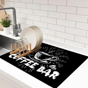 Coffee Machine Mat, Dish Drying Pad, Non-Slip Washable Algae Clay Dryer, Coffee Theme Design, Perfect Bar Decor, Suitable for Countertop and Kitchen