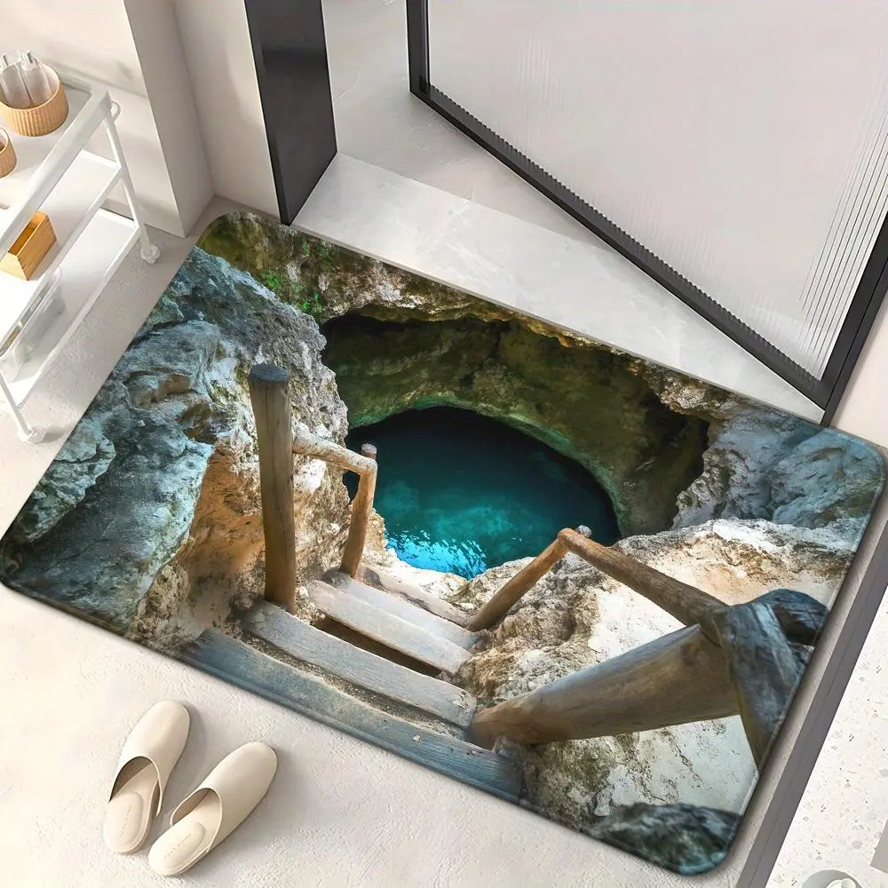 3D Illusion Cave Natural Pool Wooden Stairs Flannel Doormat 16×24in/20×31in/24×36in Non Slip Absorbent Bathroom Entrance Floor Rug Cool Visual Trick Decor Mat