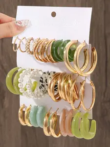30pcs Mixed C-Type Earrings Set, Metal, Marble Resin, Leopard Print, Imitation Pearl, Low Allergy Vintage Jewelry