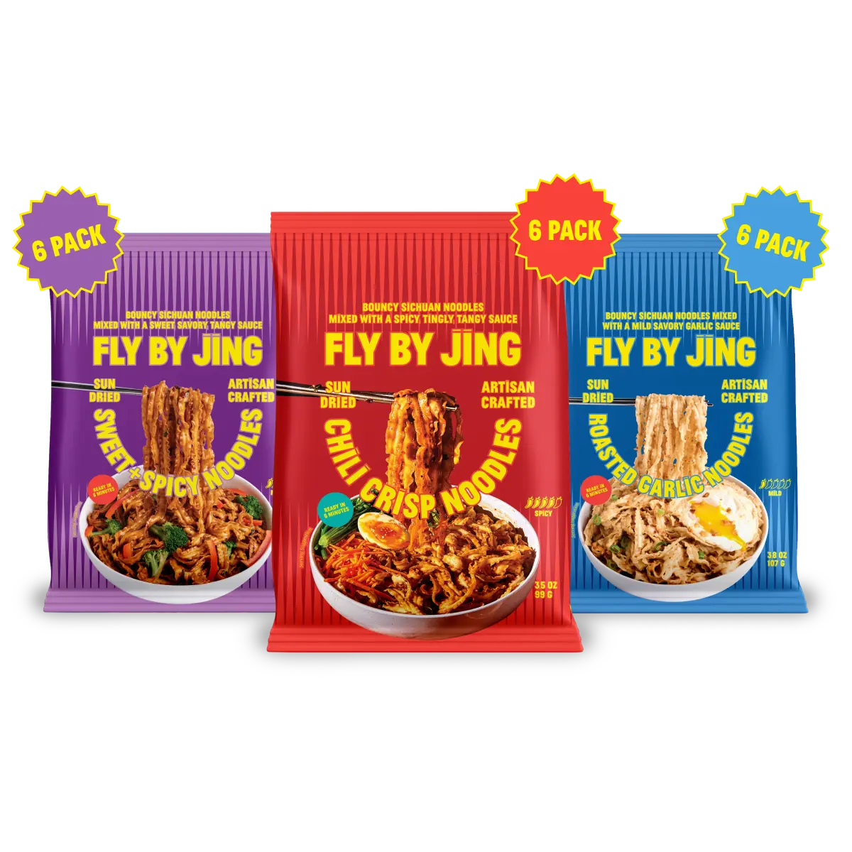 Fly By Jing Instant Noodles Variety Pack 18 Pack – 3 Flavors: Chili Crisp, Sweet + Spicy & Roasted Garlic – Savory, Mild to Spicy, Vegan & Non-GMO