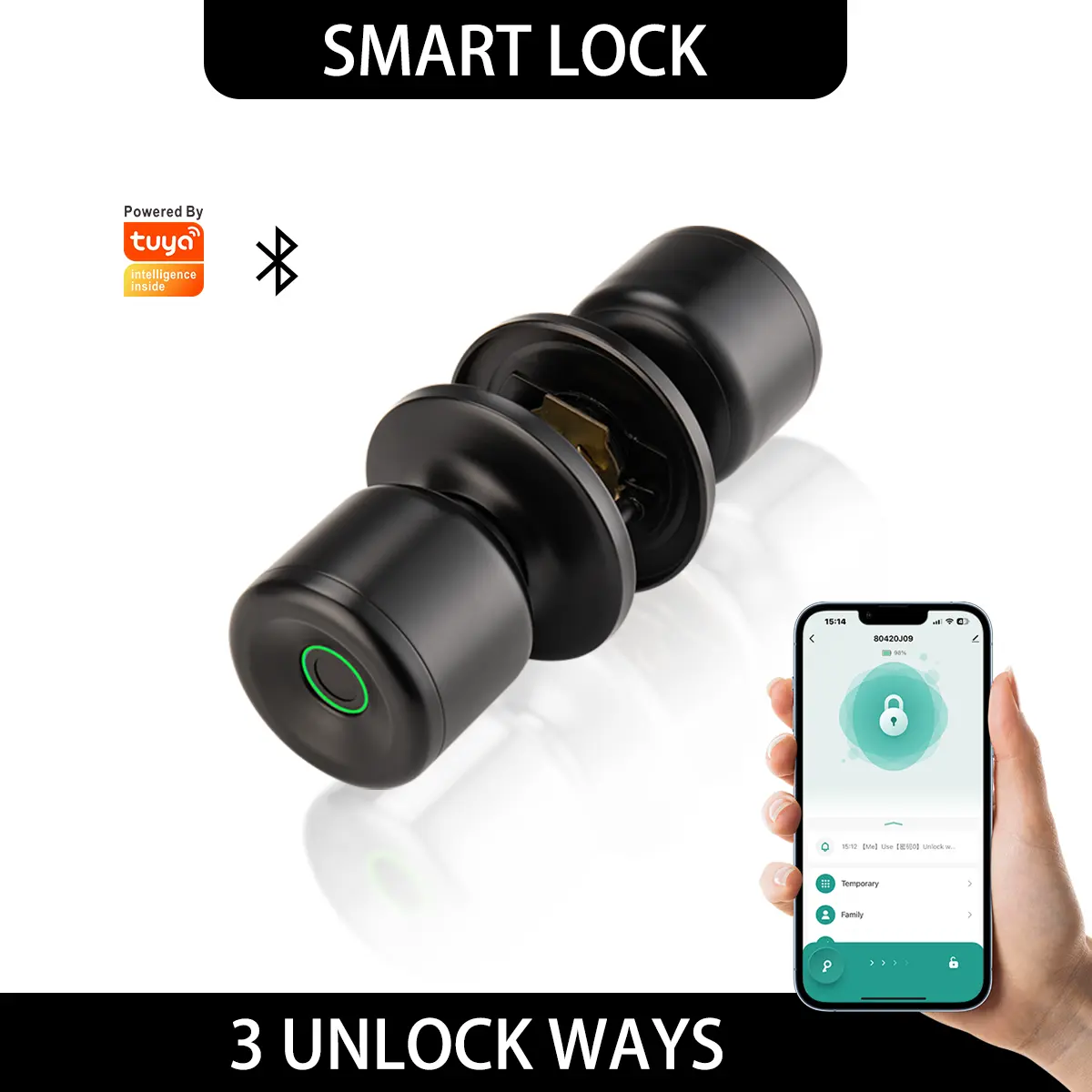 Smart Fingerprint Padlock with Black Cylinder - 3-in-1 Keyless Entry Smart Door Locks, App Control, Backup Key, Local Data Storage, Hands-Free Electronic Safety Lock for Home Security, Garages