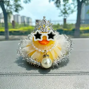 1 Pc Princess Style Rubber Duck Ornament, Yellow Duck with Sunglasses, Pearl Necklace & Tulle Skirt, Car Dashboard Decor