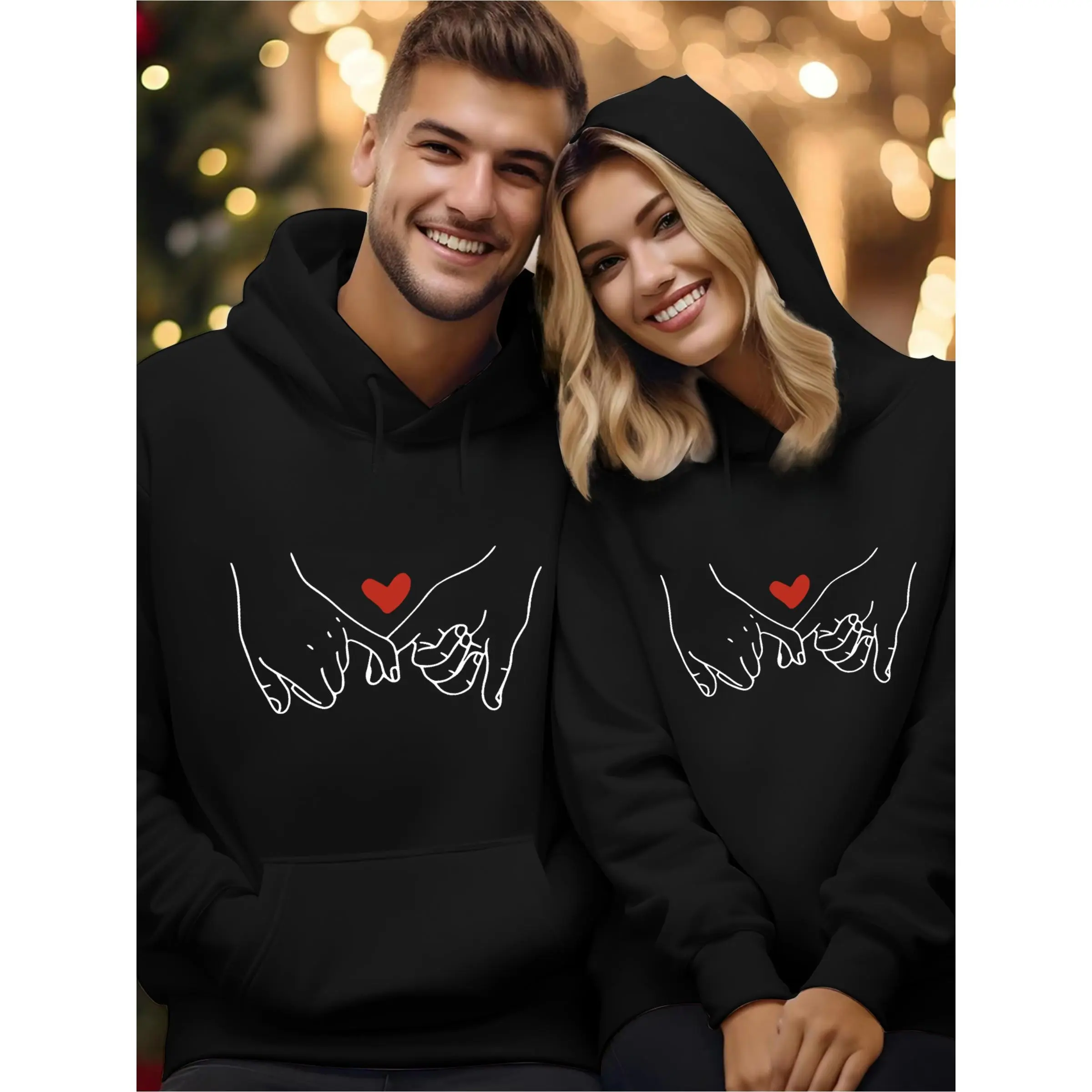 Couples Matching Hooded Cotton Shirts & Sweatsuits - 1pc His & Hers Oversized Hoodies with Heart Hands Print, Valentine's Day Outfits, All-Season Comfort, Machine Washable, Cozy Casual Lady Wear with Pockets, Red Heart & Hand-Hold (Sports Outerwear)