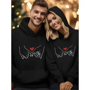 1pc Couples Matching Hooded Sweatsuits - His & Hers Oversized Hoodies with Heart Hands Print, Valentine's Day Outfits, All-Season Comfort, Machine Washable, Matching Clothing for Couples (Men & Women) - Cozy Casual Wear with Pockets, Red Heart & Hand-Hold