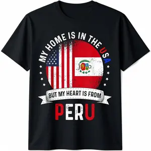 [100% Cotton]  Cotton Peruvian American Patriot Heart Is From Peru Flag T-Shirt Golf Gift T-Shirt For Men And Women