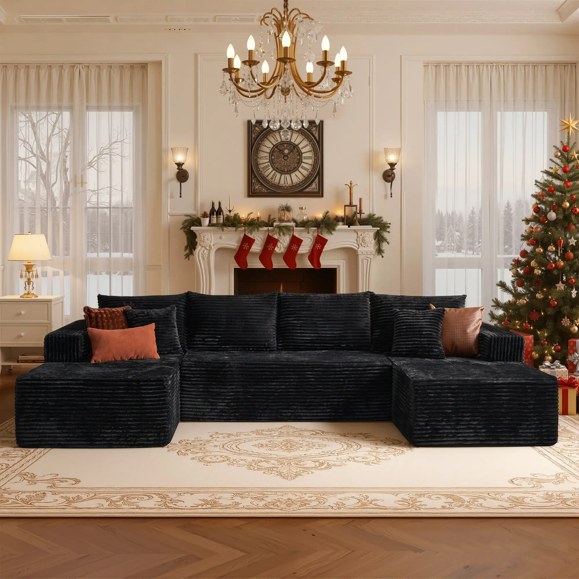 U Shaped with 2 Chaise | Black Plush