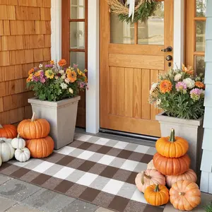 Fall Decor Front Door Mat Buffalo Plaid Outdoor Rug 24"x51" Brown and White Checkered Rug Farmhouse Fall Thanksgiving Front Porch Rug Cotton Washable Layered Doormats Autumn Mats