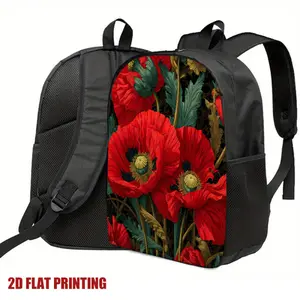 One bright red backpack with a poppy and green leaf pattern – a stylish 2D flat-print polyester backpack with adjustable shoulder straps. Lightweight and durable, it's perfect for travel, daily commutes, and school use. It can be used as a travel backpack
