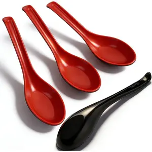 4PCS Asian Soup Spoons Suitable for Chinese Japanese Miso Ramen Wonton Dumpling Pho Rice Noodle Soba, Red and Black Melamine Soup Spoons