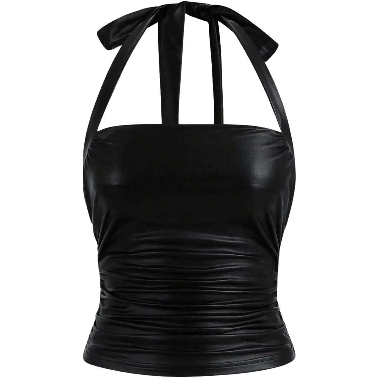 Women's PU Leather Sleeveless Halter Tops Slim Fitted Backless Ruched Going Out Top.