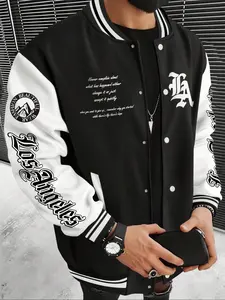 Men's Los Angeles Team Jacket, Menswear, Graphic Letter Print Long Sleeve Baseball Jacket, Preppy Style Thick Fabric Fitted Coat for Fall & Winter