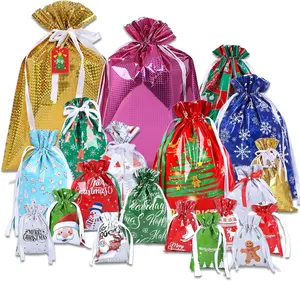 32pcs Large christmas wrap Gift Bags, Holiday Drawstring Gift Bags Reusable Foil Present Santa Wrapping Bags with Gift Tag Cards Ribbon Ties