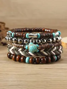 5pcs Bohemian Retro Stackable Turquoise Beaded Bracelets with Turtle Charm for Party and Casual Wear, Western Rustic Jewelry, Elastic Hand Chain