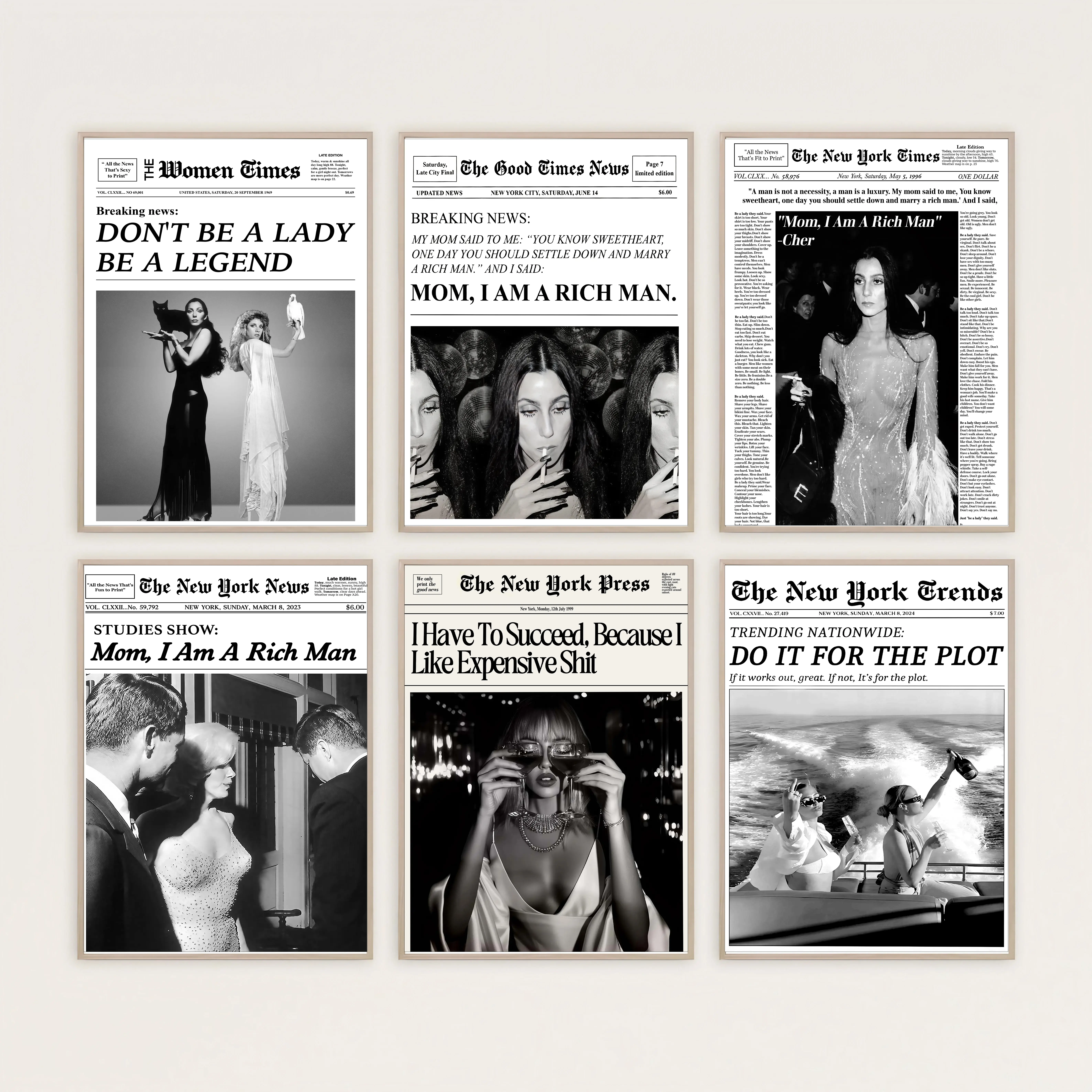 Mom I am a rich man unframed Poster, Ch3r Newspaper Poster, Classic Black & White Editorial Print, Monotone Ch3r Girl Boss Dorm Retro Wall Art, Retro Bar Cart Prints, Feminist Print