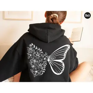 Women's butterfly floral hoodie, autumn and winter style, fashionable item, comfortable fabric, machine washable