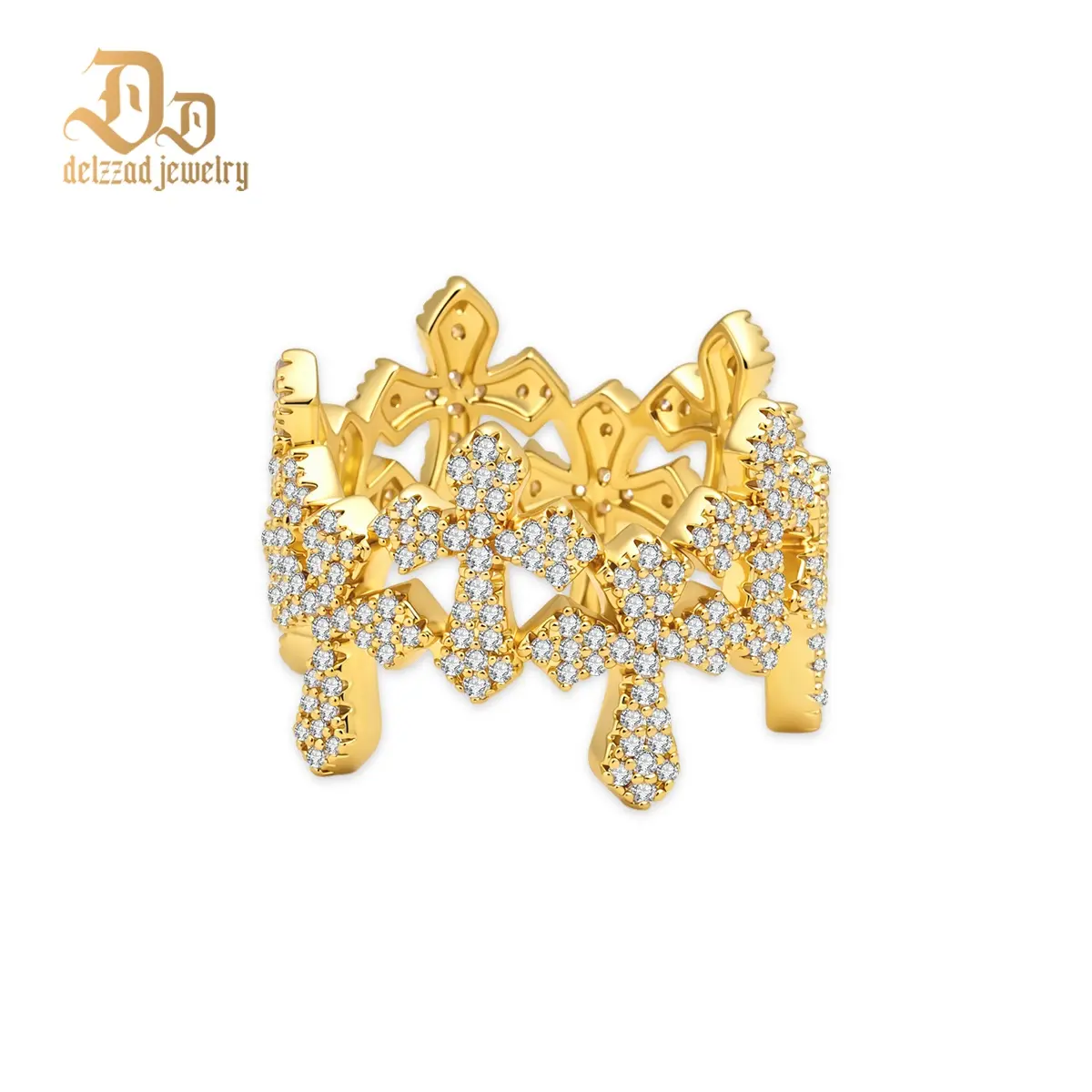 Delzzad 14K Gold-Plated 1.5ct Star-Kissed Tiara Ring The Sovereign Crown Band Ring for Men Women Unisex Hip Hop Cross Ring VVS Synthetic Moissanite Ring Jewelry Perfect Birthday Anniversary Christmas Gift