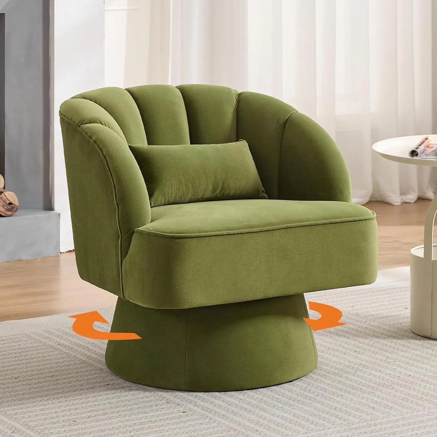 Green Velvet Striped Mid-Century Modern Ergonomic Sturdy Round Swivel Barrel Armchair - Room Decor, 360-Degree Rotation, Armrests, Curved Back, Cushion, Upholstered Single Sofa for Living Room, Office, Simple Setup with Assembly Required