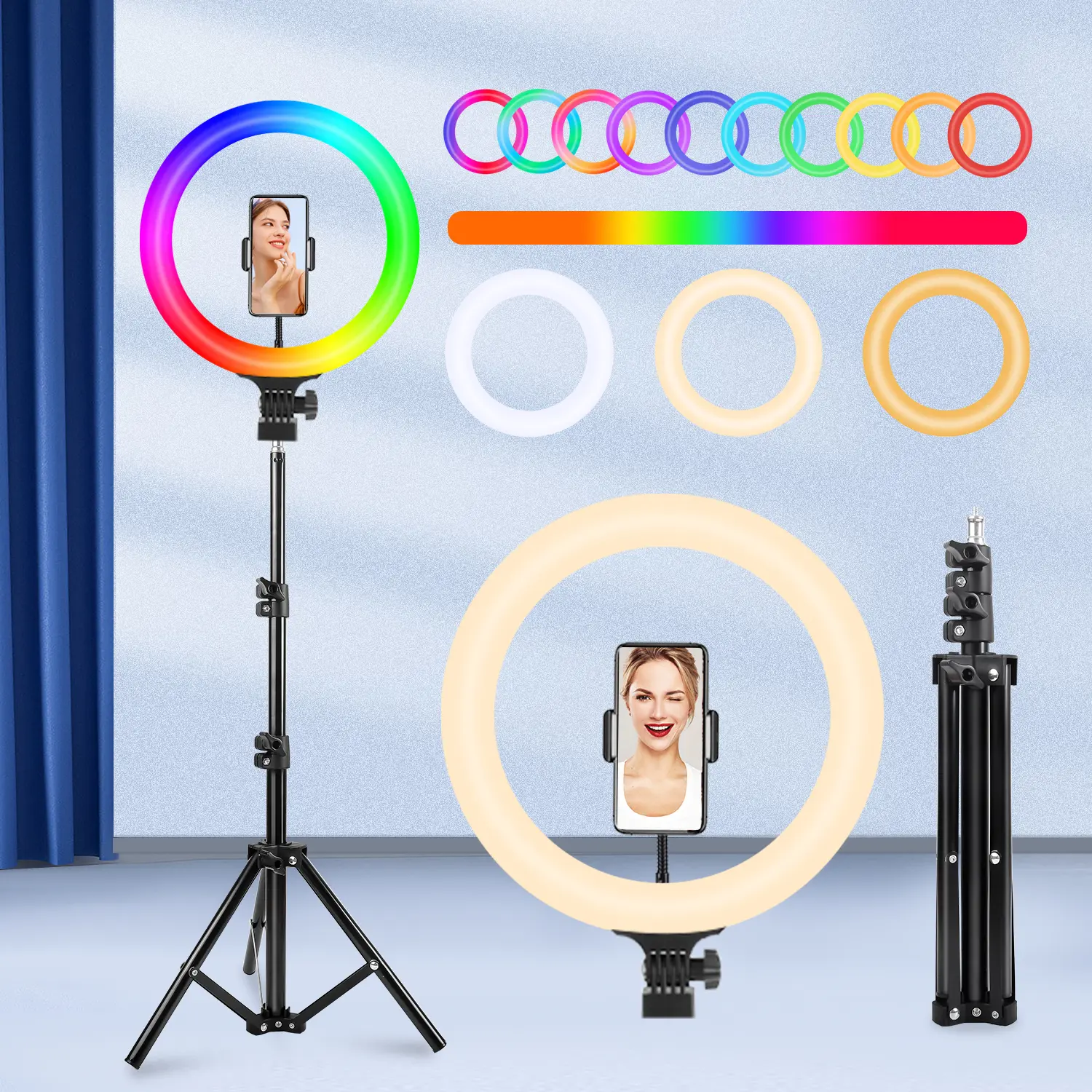 UEGOGO 12 Inch RGB Ring Light with 110cm Adjustable Light flexible Tripod Stand, 38 Color Modes USB Powered Selfie Fill Light with 2 Phone Holders for TikTok Live Streaming, Makeup Tutorial, Makeup, Vlog Photography