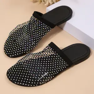 Women's Shiny Mesh Open Toe Slippers with Rhinestones Flat Slides Comfortable Party Footwear Springfresh