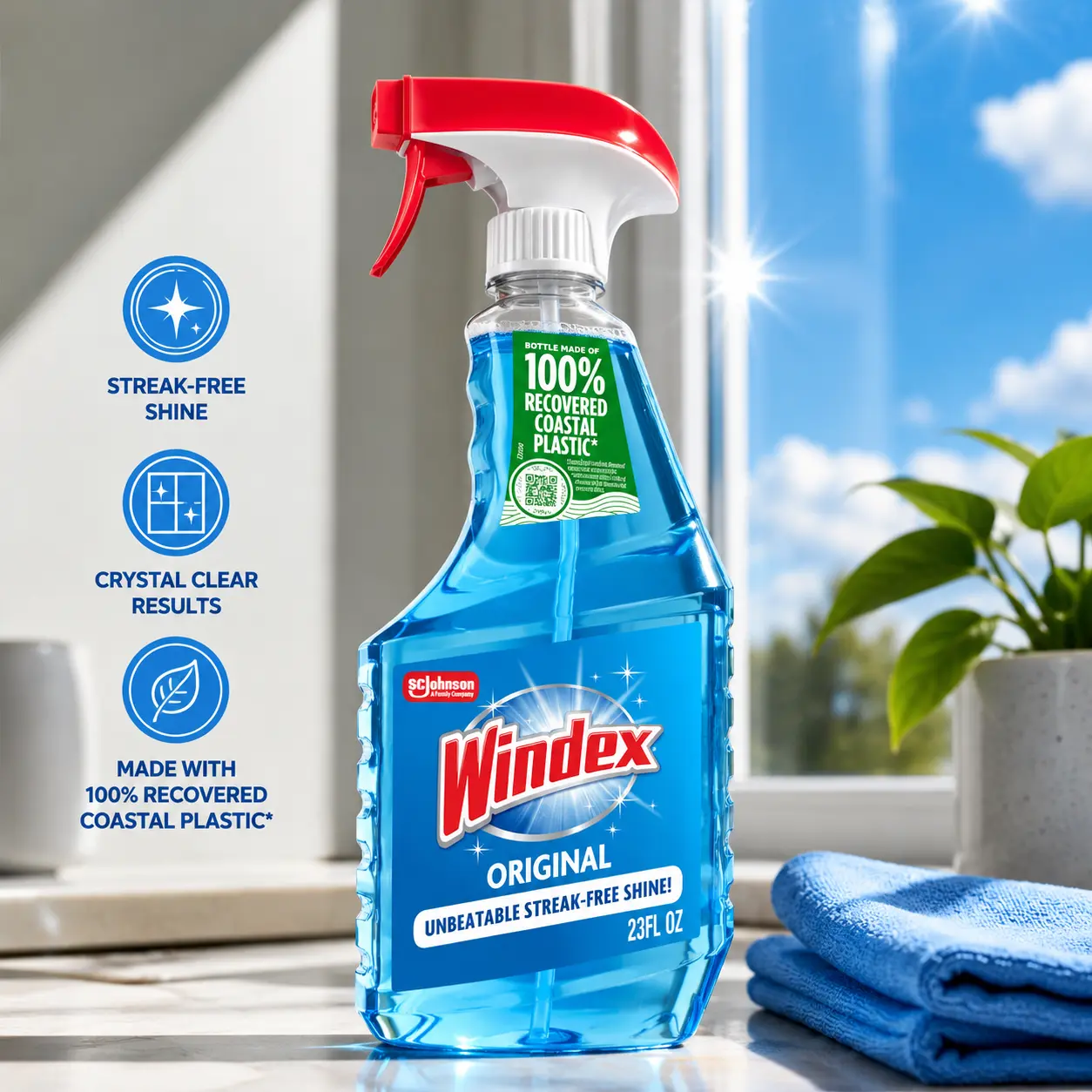 Windex Original Blue Scent Glass & Window Cleaner Spray Bottle - 23 Fl Oz, Leak-Proof, Shatter-Resistant, Household Cleaning Solution