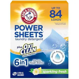 ARM & HAMMER Power Sheets Laundry Detergent Plus OxiClean Stain Fighters, 6in1, Sparkling Fresh Scent, 42 Count, 84 Medium Loads