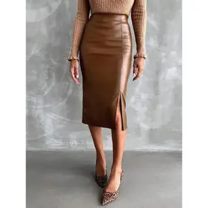 Fitted Split Thigh PU Leather Fabric Pencil Skirt