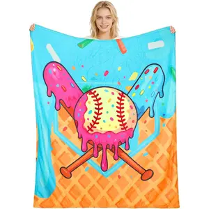 Ice Cream Drip Baseball Blanket Baseball Drip Flannel Throw Blanket Cozy Soft Ice Cream Party Favor Decor Birthday Gift for Baseball-Lovers Fans BFF Friends Bedding Sofa,Summervibes