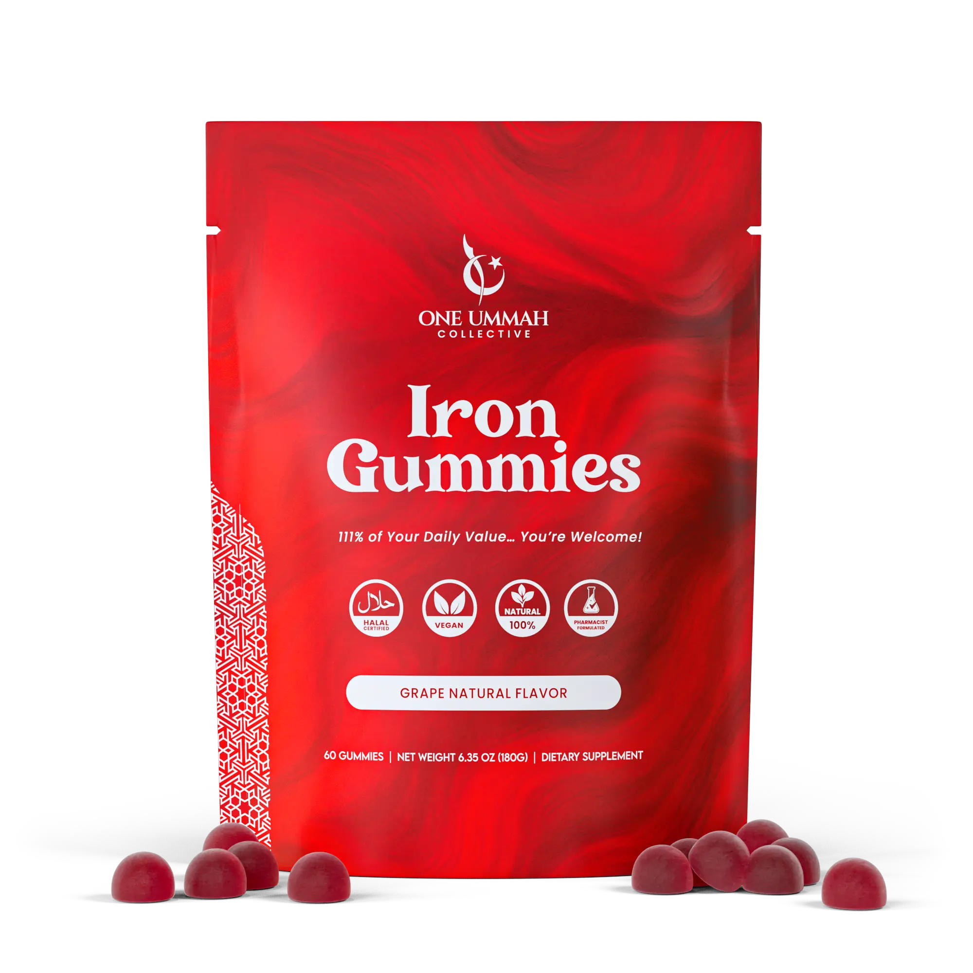 Halal Certified Iron Gummies - Vegan Iron 20mg Gummy Supplement with Vitamin C - Non-Constipation, High Absorption, & Accurate Dosing - 60 Count, Tasty Berry Flavor, Iron Deficiency Support, Nutrient Gummies